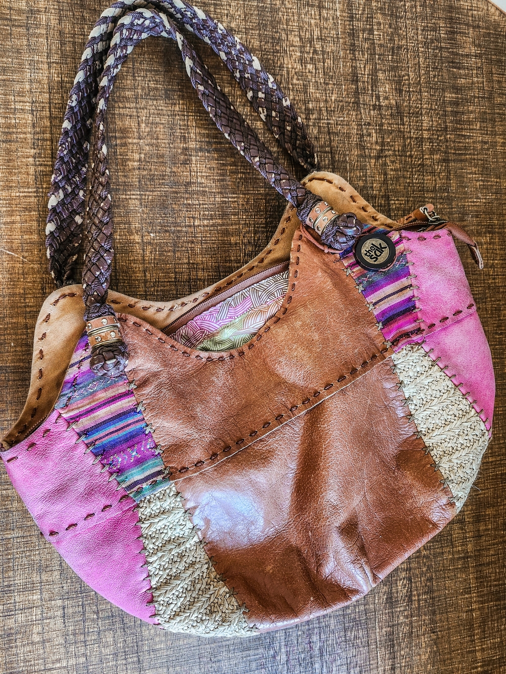 The Sak Patchwork Leather Boho Hobo Bag | Pink Brown Woven Shoulder Purse